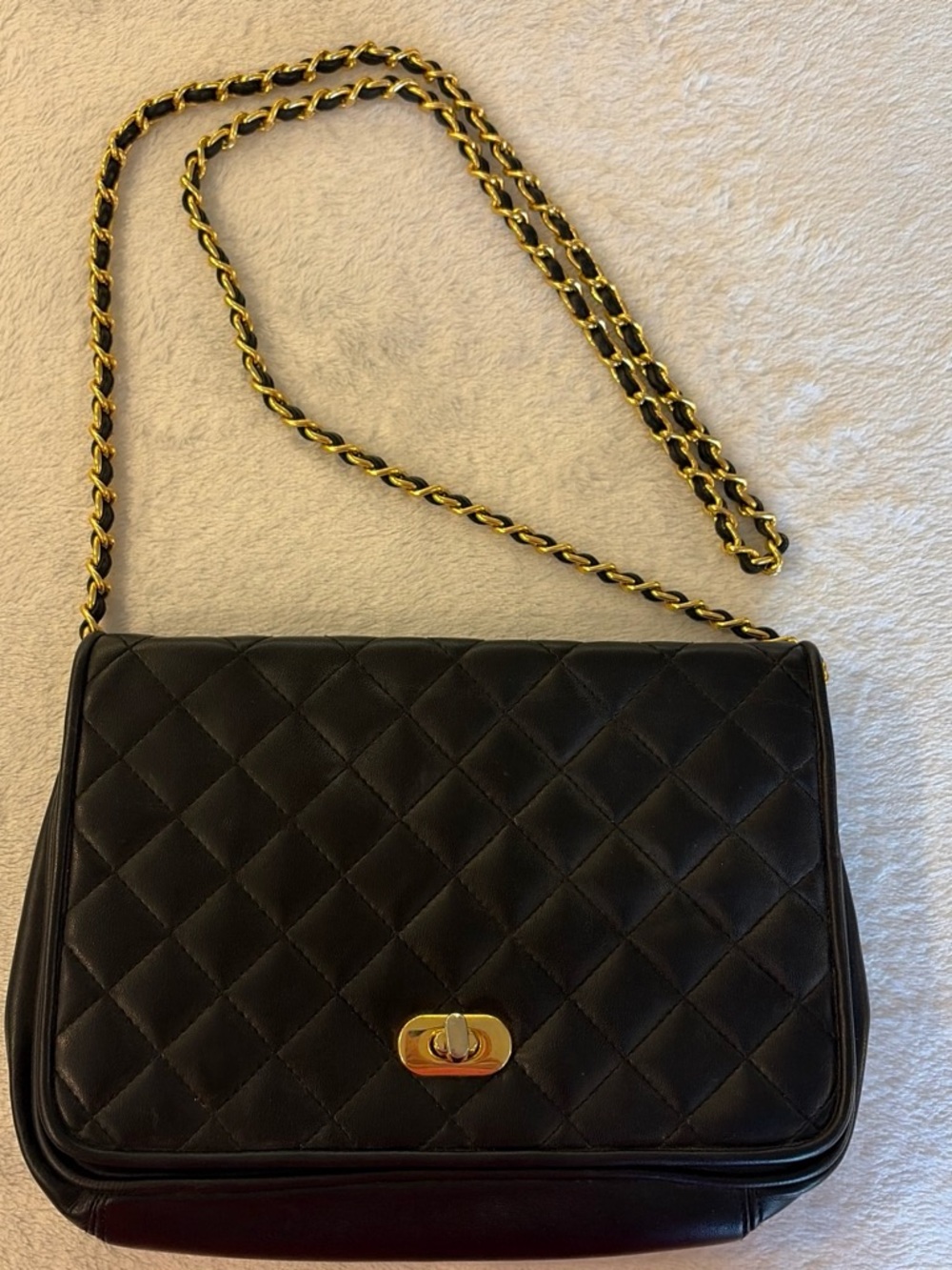 Black Quilted Shoulder Bag with Gold Chain Strap
